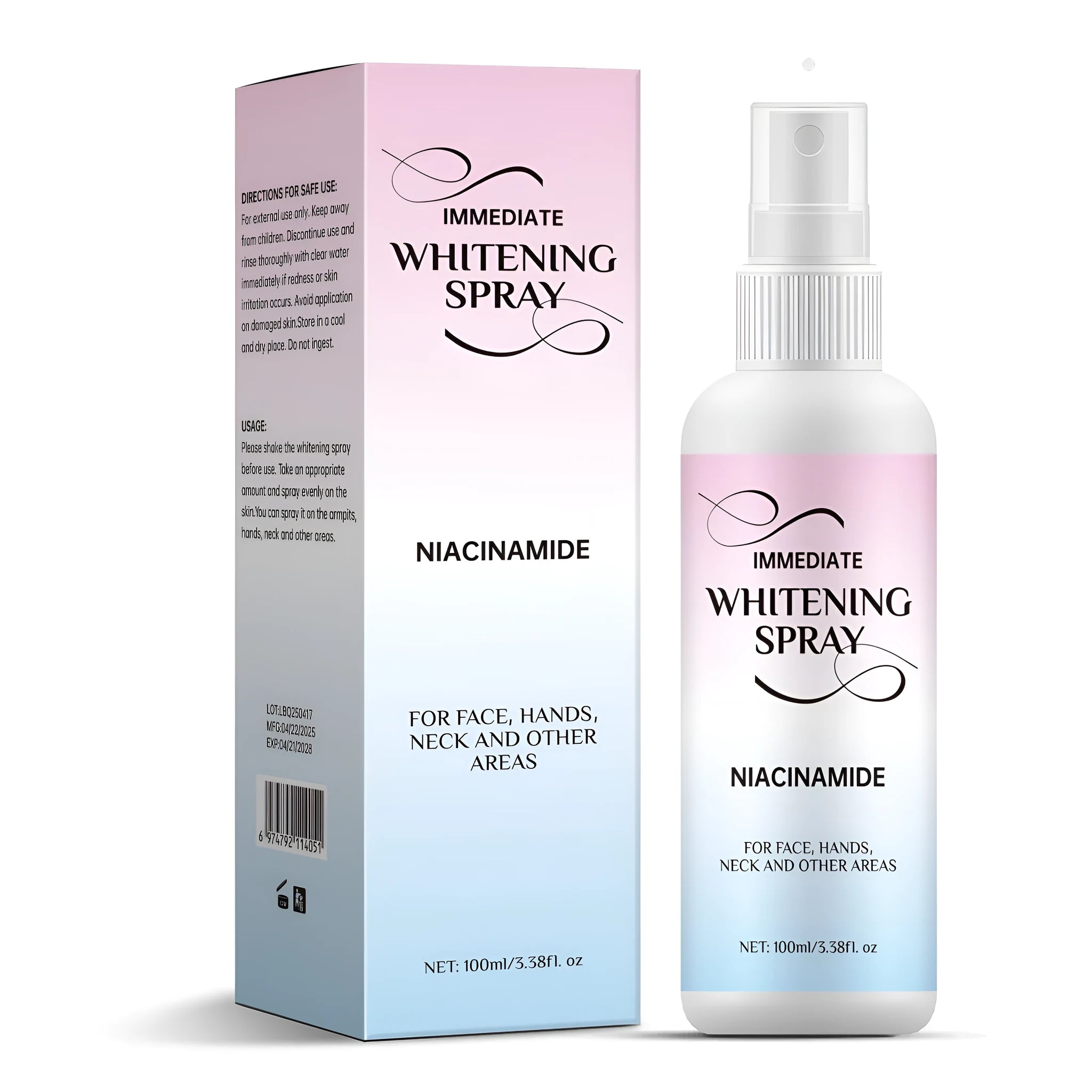 100ml whitening spray bottle with brightening and sweat-proof formula for face and body application