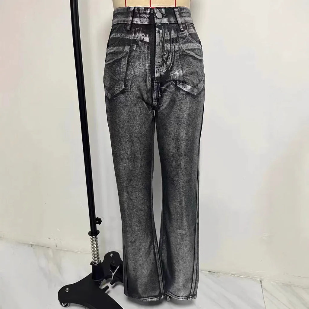 Blue high waisted straight leg jeans with silver contrast details on denim fabric