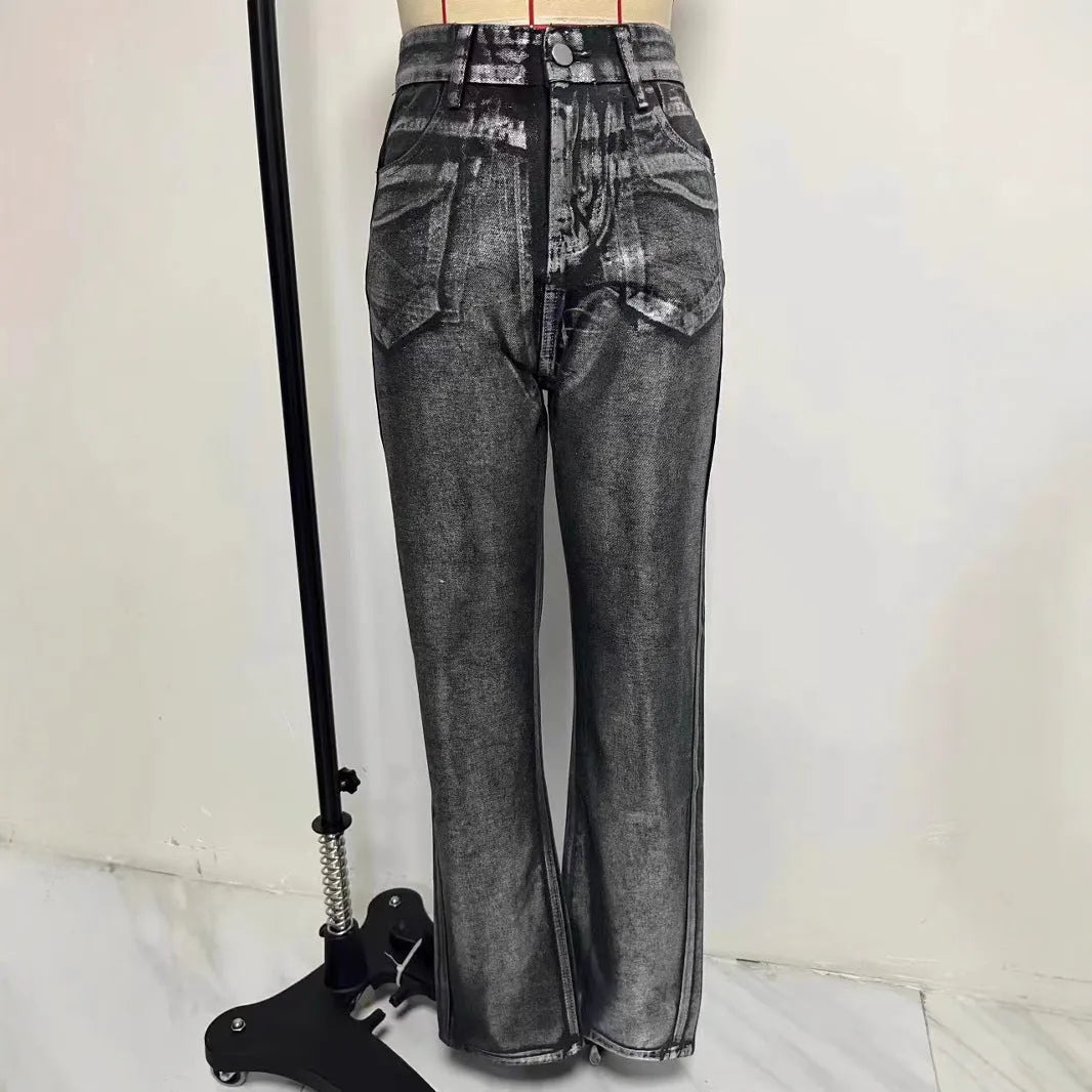 Blue high waisted straight leg jeans with silver contrast details on denim fabric