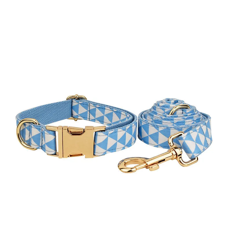 Blue triangular ring design dog vest set with matching collar, rope lead, and bow tie accessory