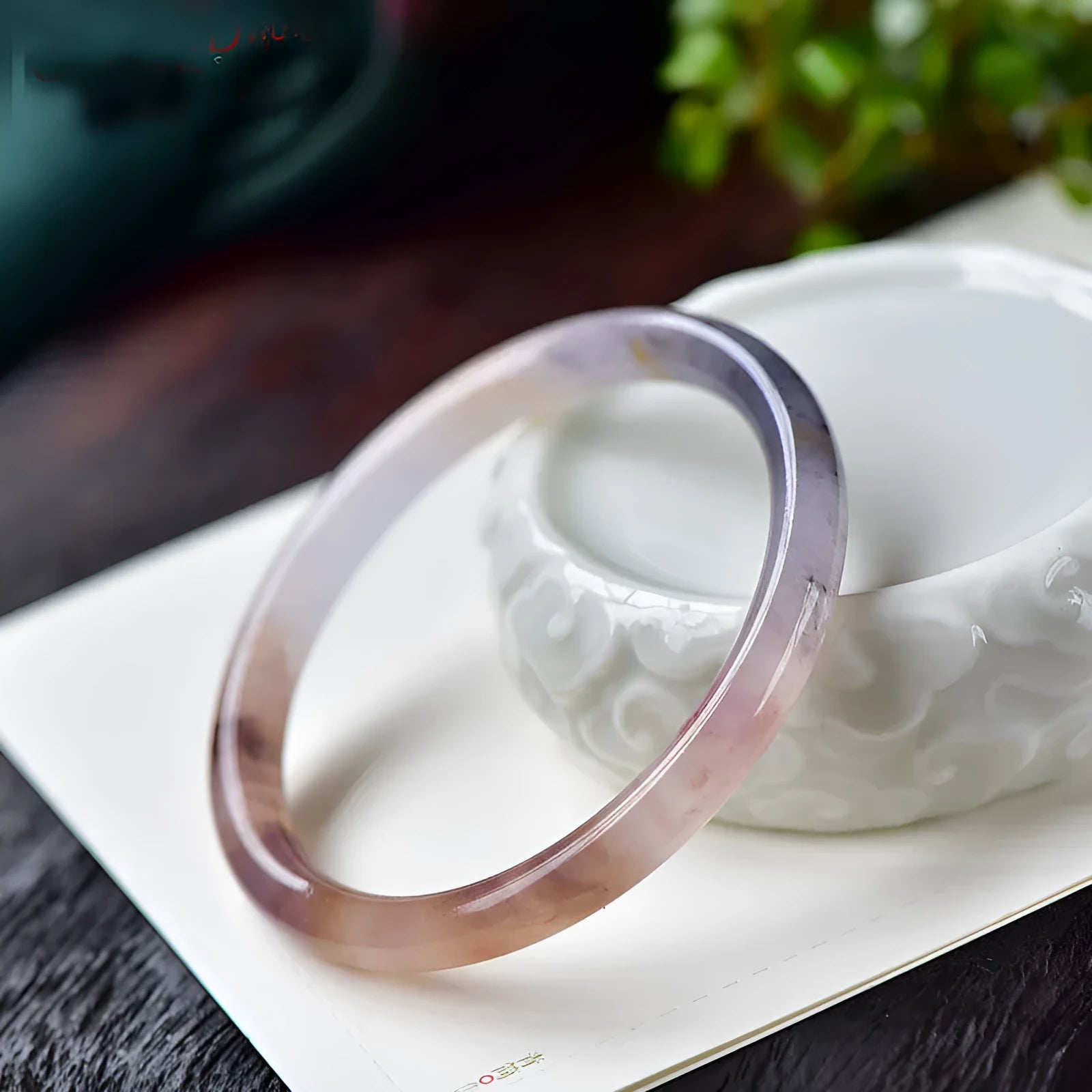 Jade violet bracelet for women made from natural quartz rock jade, flat bar style on white background
