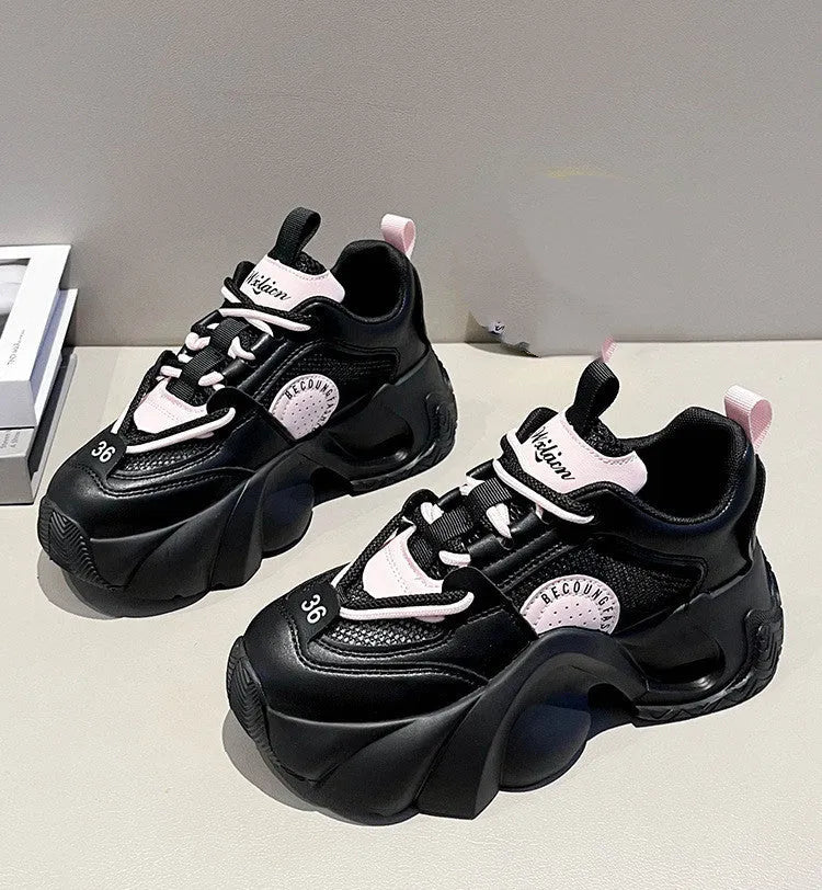 Women's thick sole sneakers with crossover strap detail in pink, black, and beige colour options