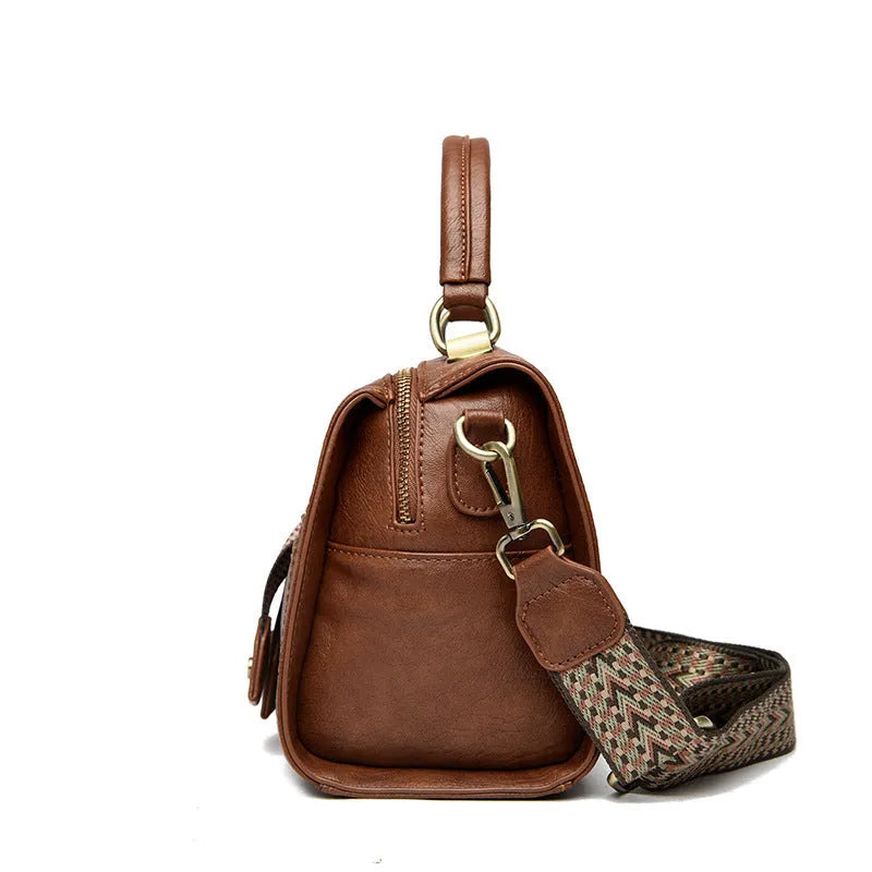 Women's soft PU crossbody bag in retro style with sandwich pocket, horizontal square shape