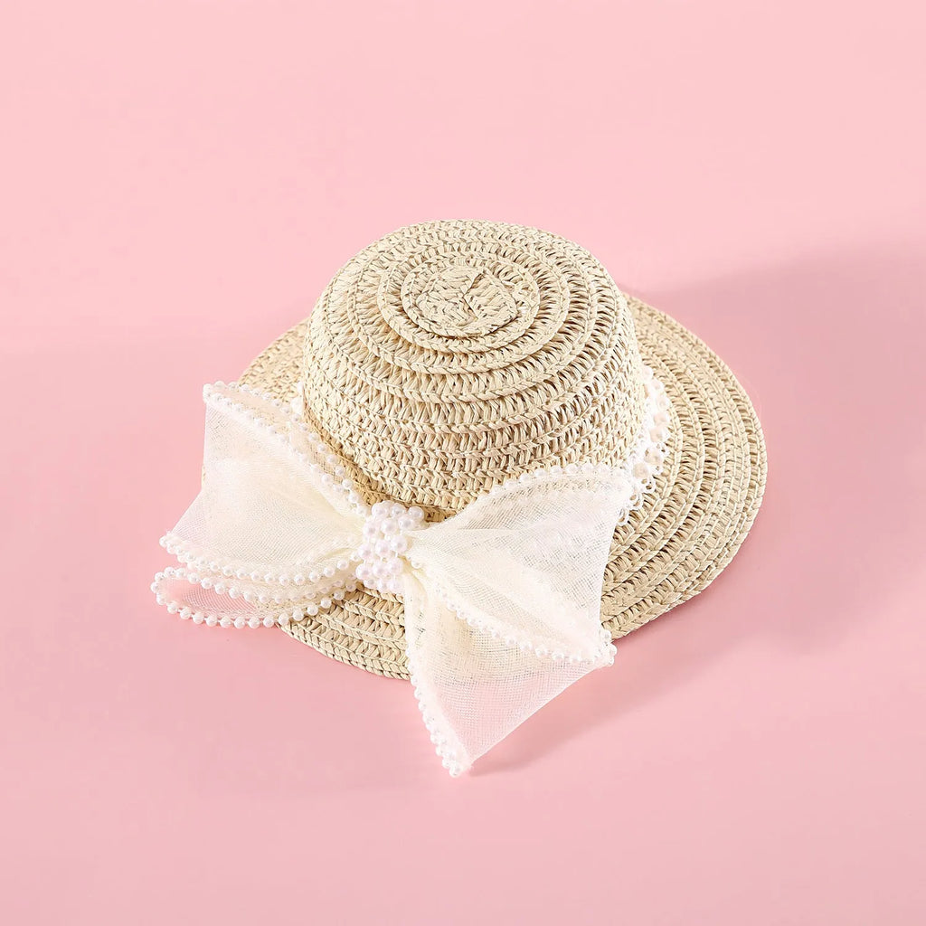 Pink pearl butterfly bow woven straw cat hat for pets with Lafite leaves material