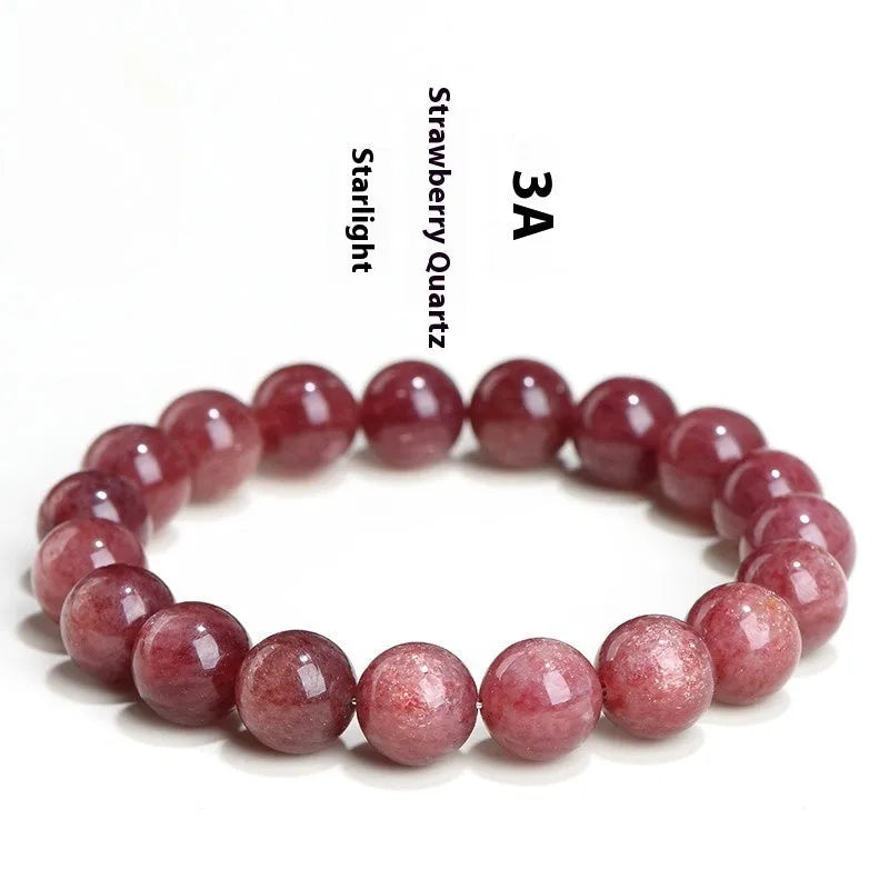 Natural strawberry quartz geometric bead bracelet showing colour and size options for men and women.