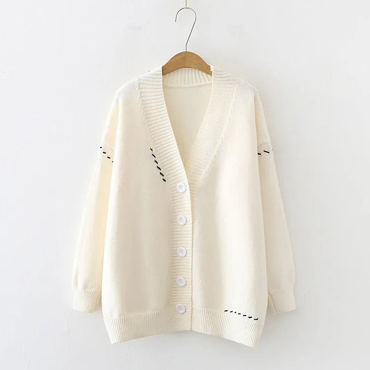 Women's black polyester knitted cardigan top coat with long sleeves and loose fit