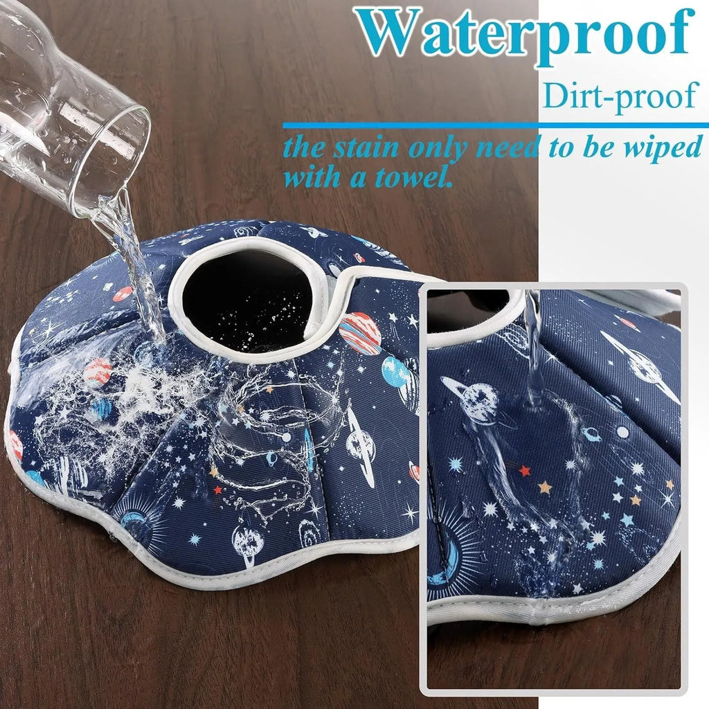 Soft cat recovery cone collar in Planet colour on a small cat, adjustable strap, breathable fabric design