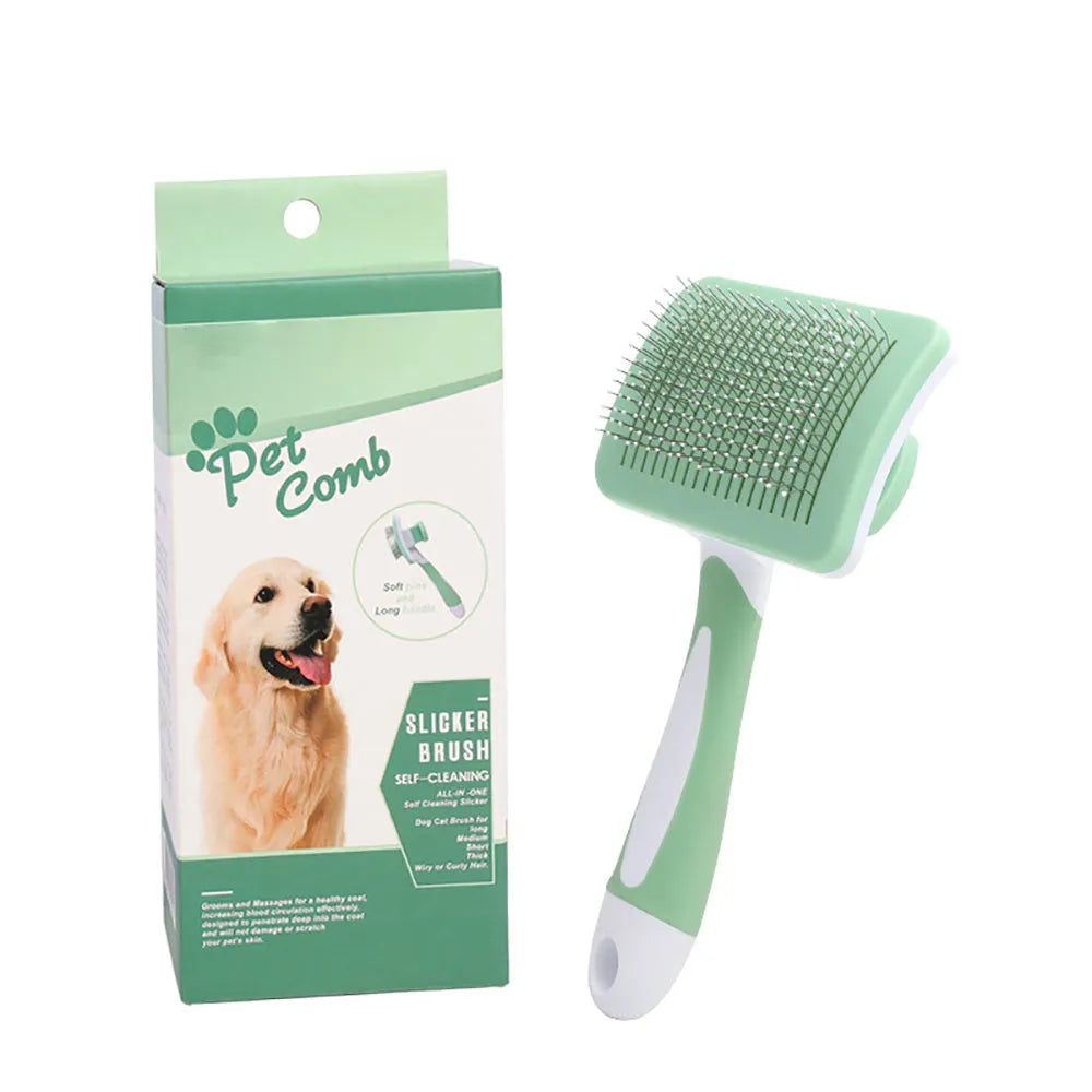 Self-cleaning slicker brush for dogs and cats with gentle bristles and one-click hair release button