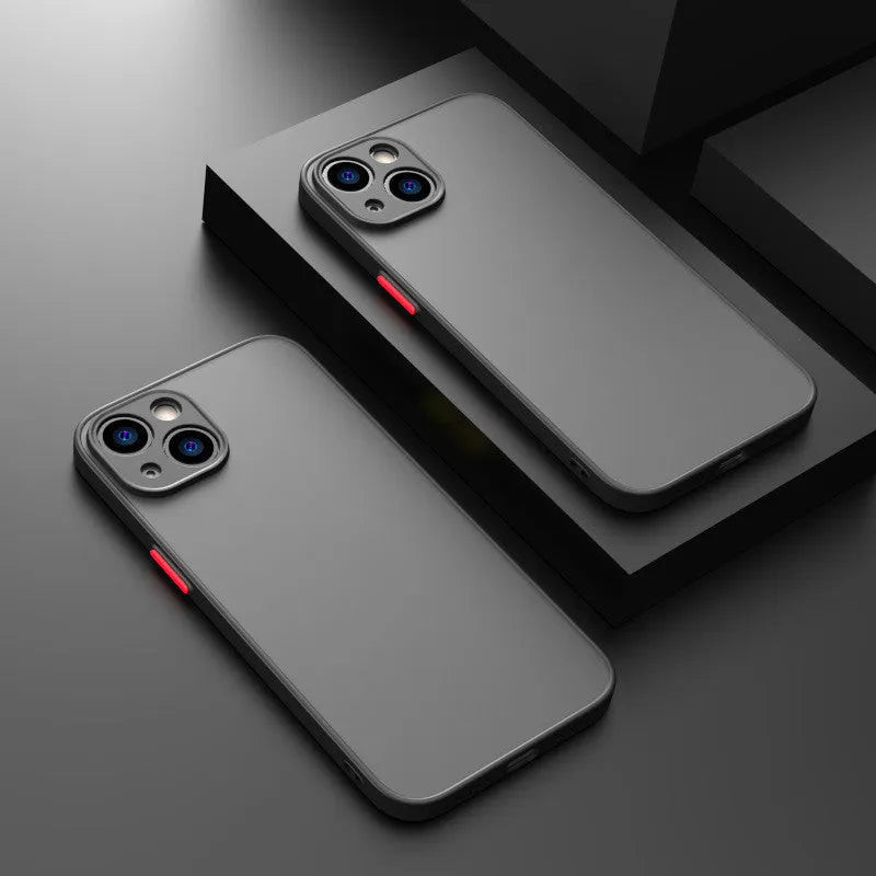 Frosted hard protective phone case for iPhone in black, green, or blue, showing full camera lens coverage.