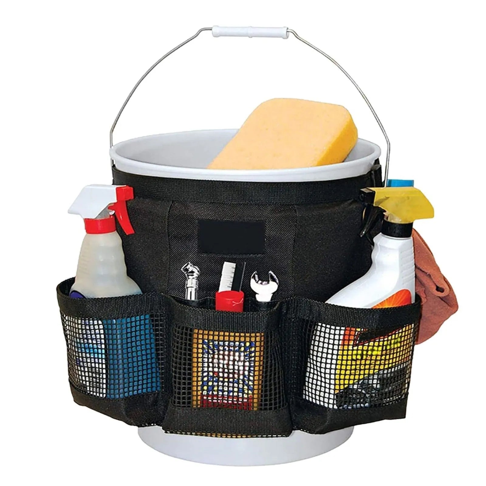 Black cylindrical polyester storage bag hanging on 5 gallon barrel with tools organised inside