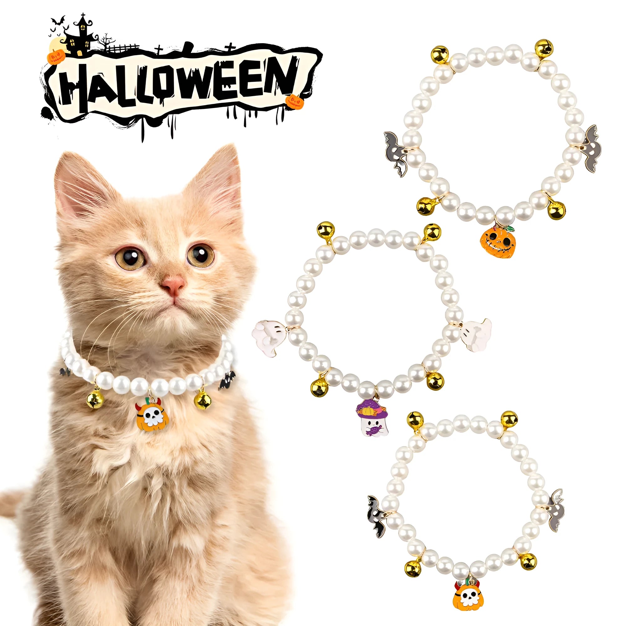 Halloween decorative cat collar with simulated pearl necklace in purple ghost pumpkin, skull pumpkin, and smiling pumpkin patterns.
