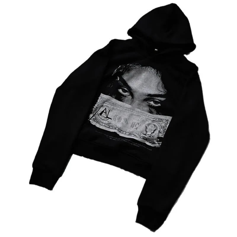 Women's loose fit black polyester hoodie with personalised dark printed design
