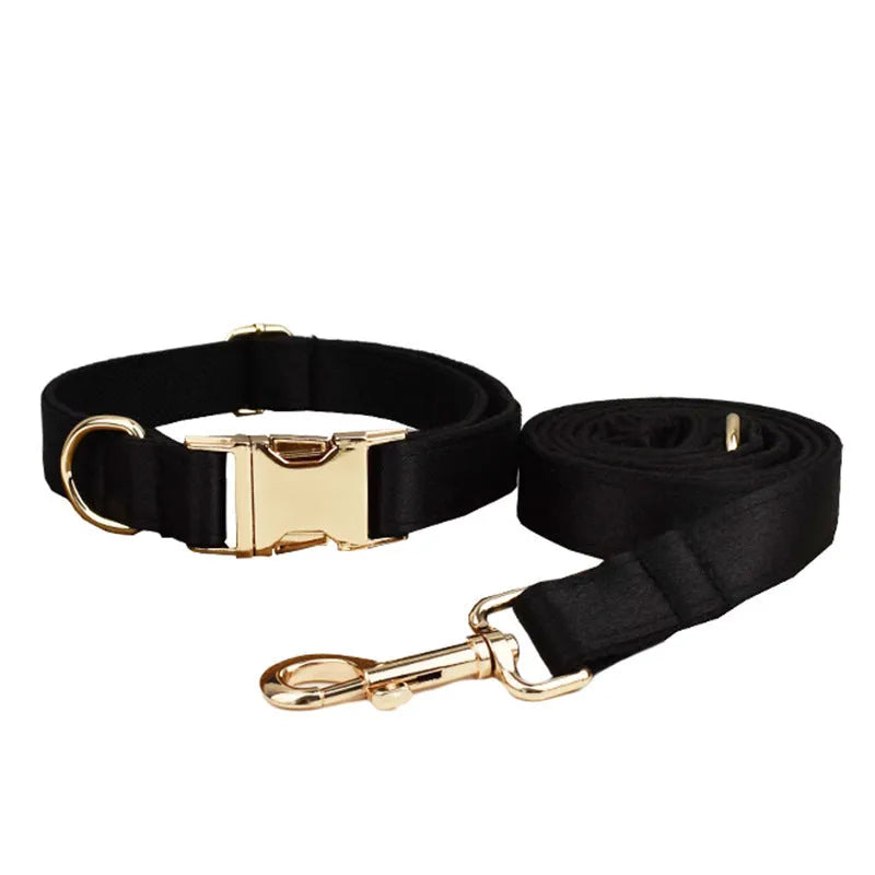 Pet harness set showing cloth collar, leash, decorative bow, and matching vest in four available sizes