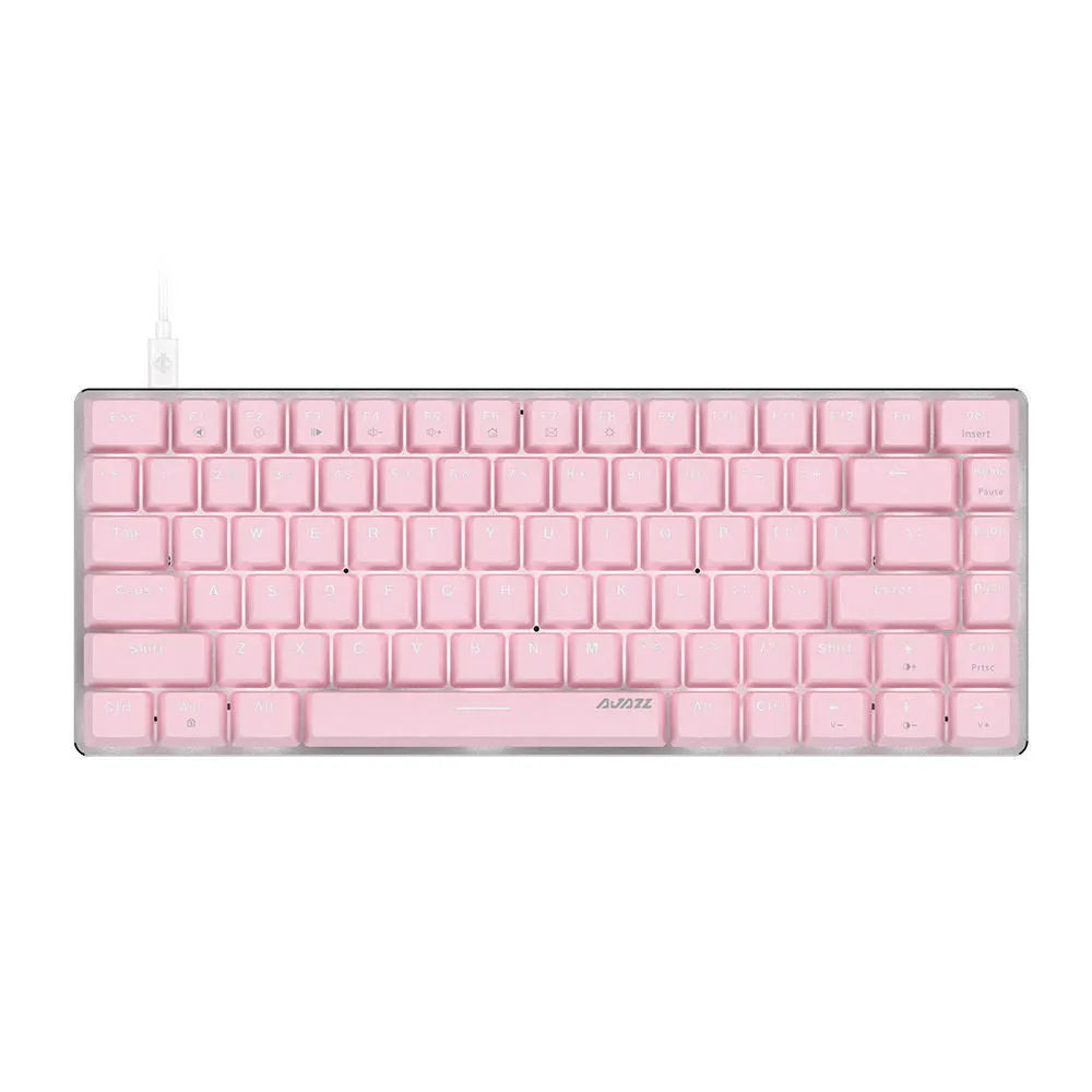 Pink and white 82 key mechanical keyboard with white backlight on a desk