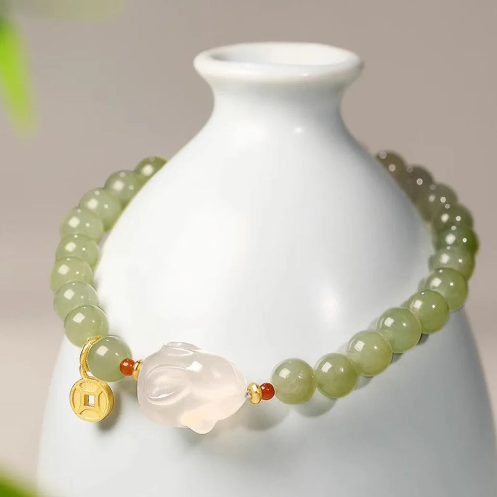 Handmade Hetian jade rabbit bracelet for women, glass and coloured glaze, 8mm and 10mm beads, gift box options