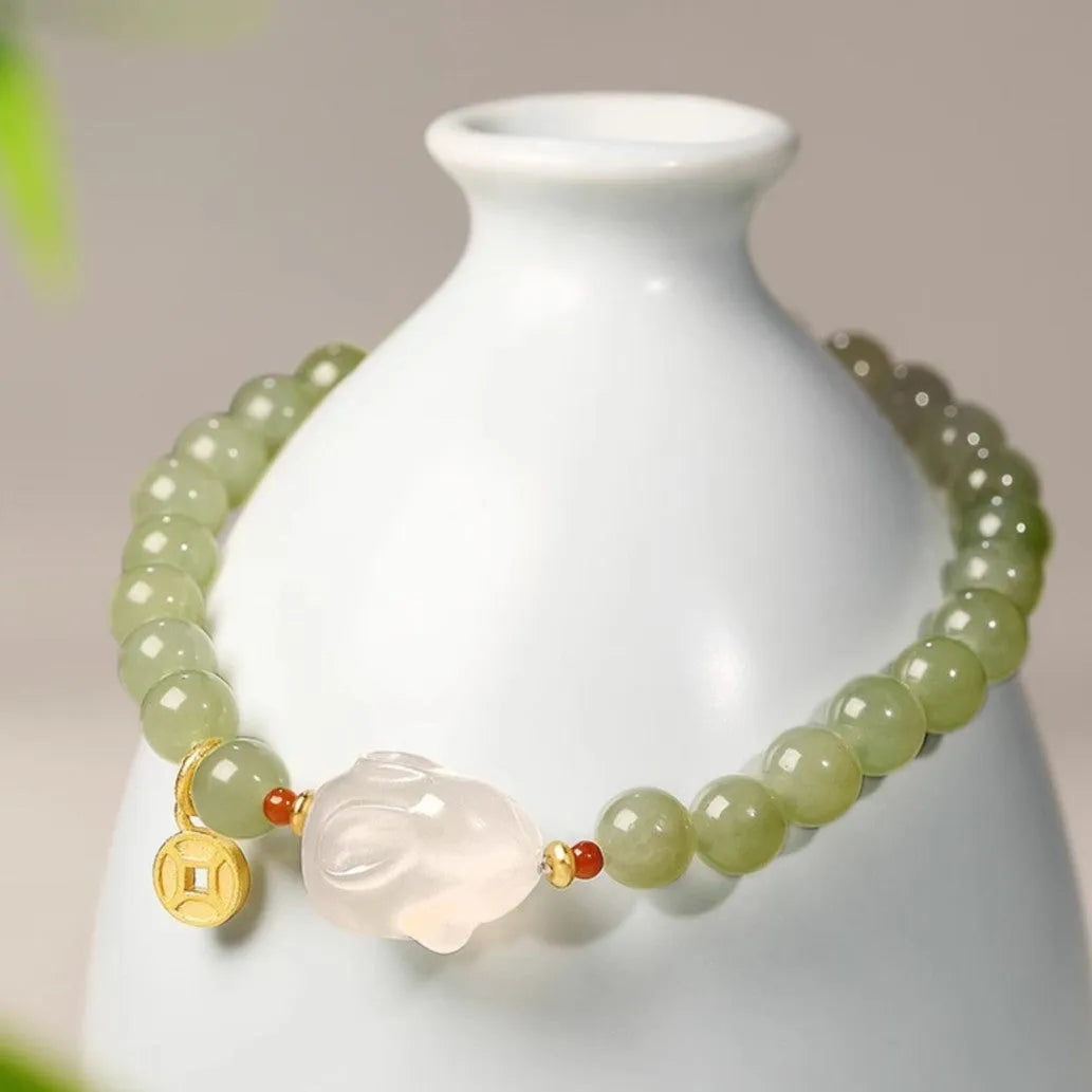 Handmade Hetian jade rabbit bracelet for women, glass and coloured glaze, 8mm and 10mm beads, gift box options