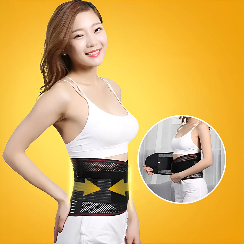 Black sports waist support belt with a visible steel plate insert for lumbar decompression during fitness activities.