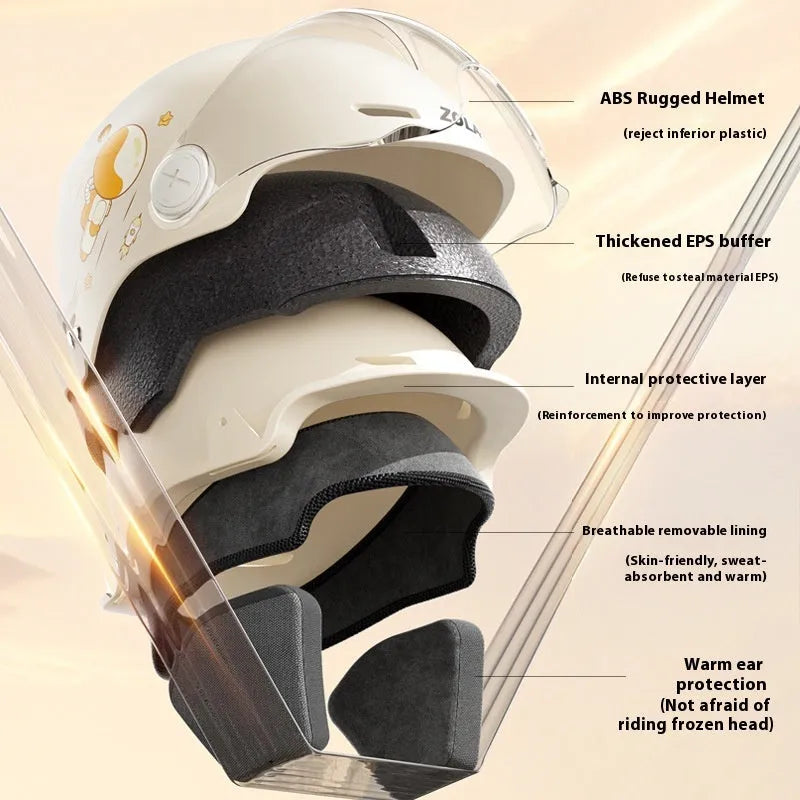 Khaki coloured ABS half helmet for electric motorcycles, shown with removable glasses attached.