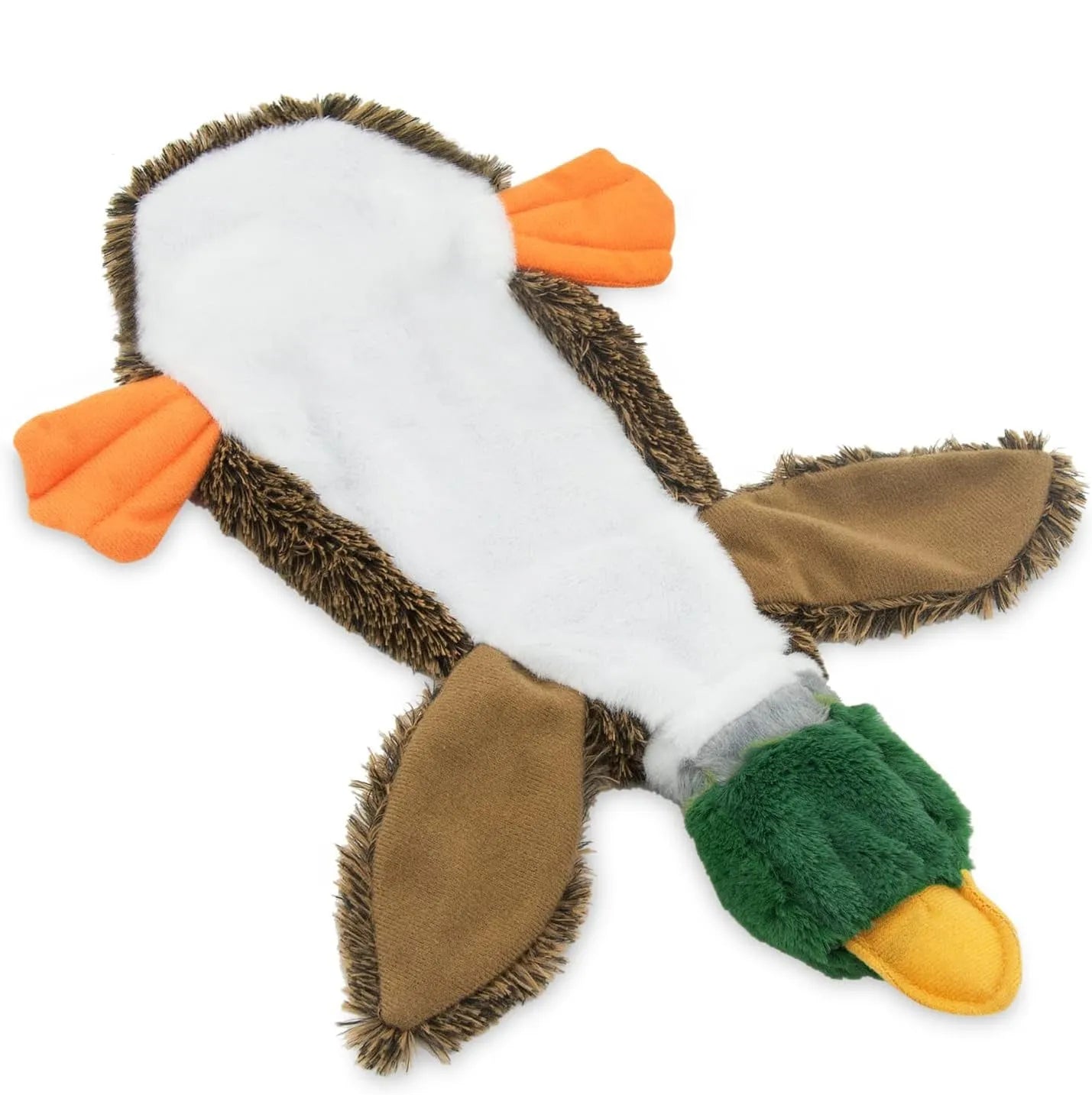 Green wild duck shaped soft dog toy with no stuffing and dual squeakers