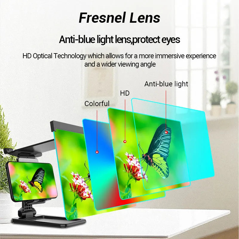 Black folding mobile phone screen amplifier with detachable phone holder magnifying smartphone display