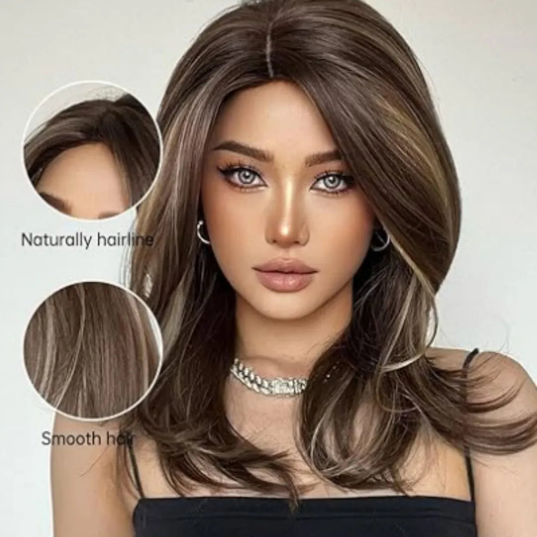 Mid-length curly synthetic wig with platinum gradient colours and bangs