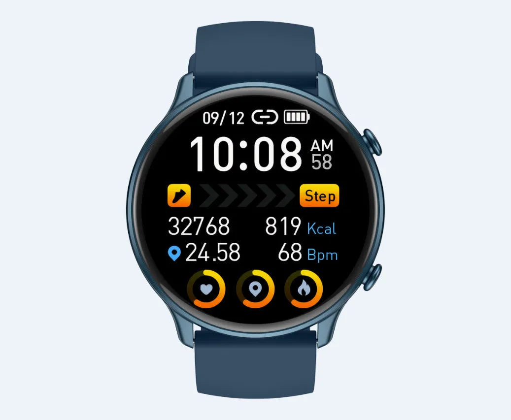 Smart sports watch with round full touch screen, silicone strap, heart rate and sleep monitoring, IP68 waterproof, in Black