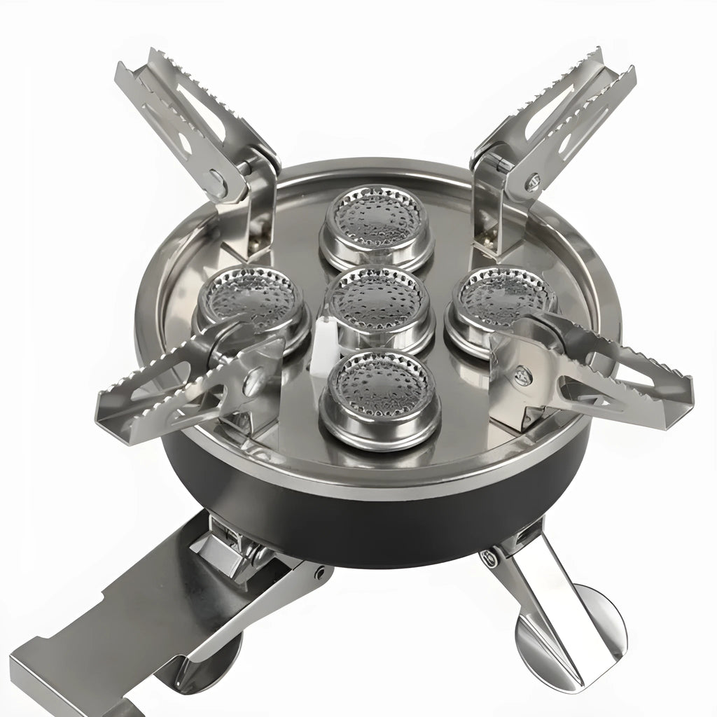 Silver portable split camping stove with stainless steel construction and 100cm hose
