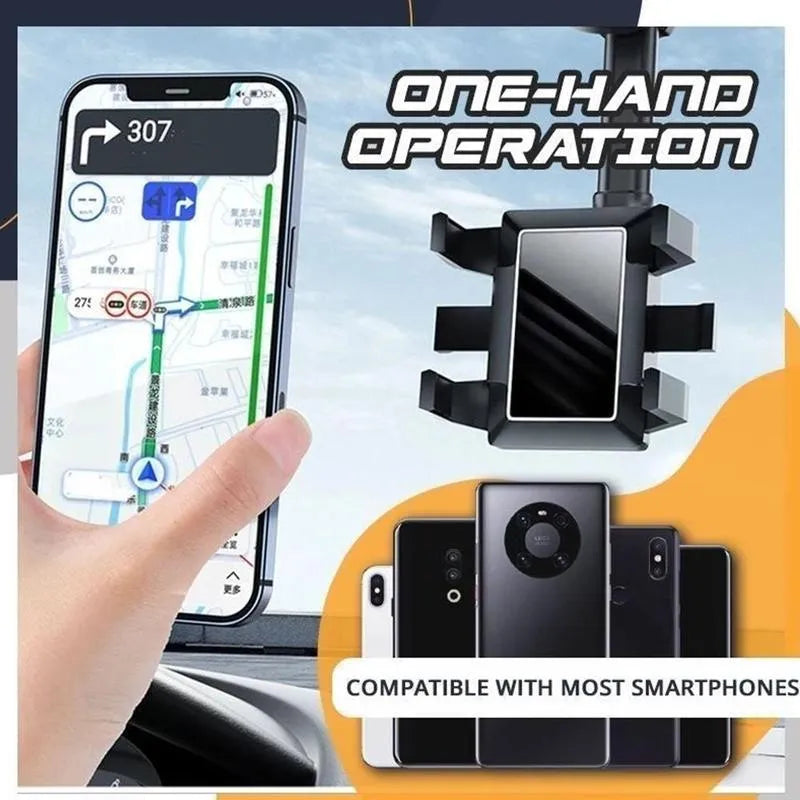 Black rearview mirror phone holder with rotating head and telescopic arm extended