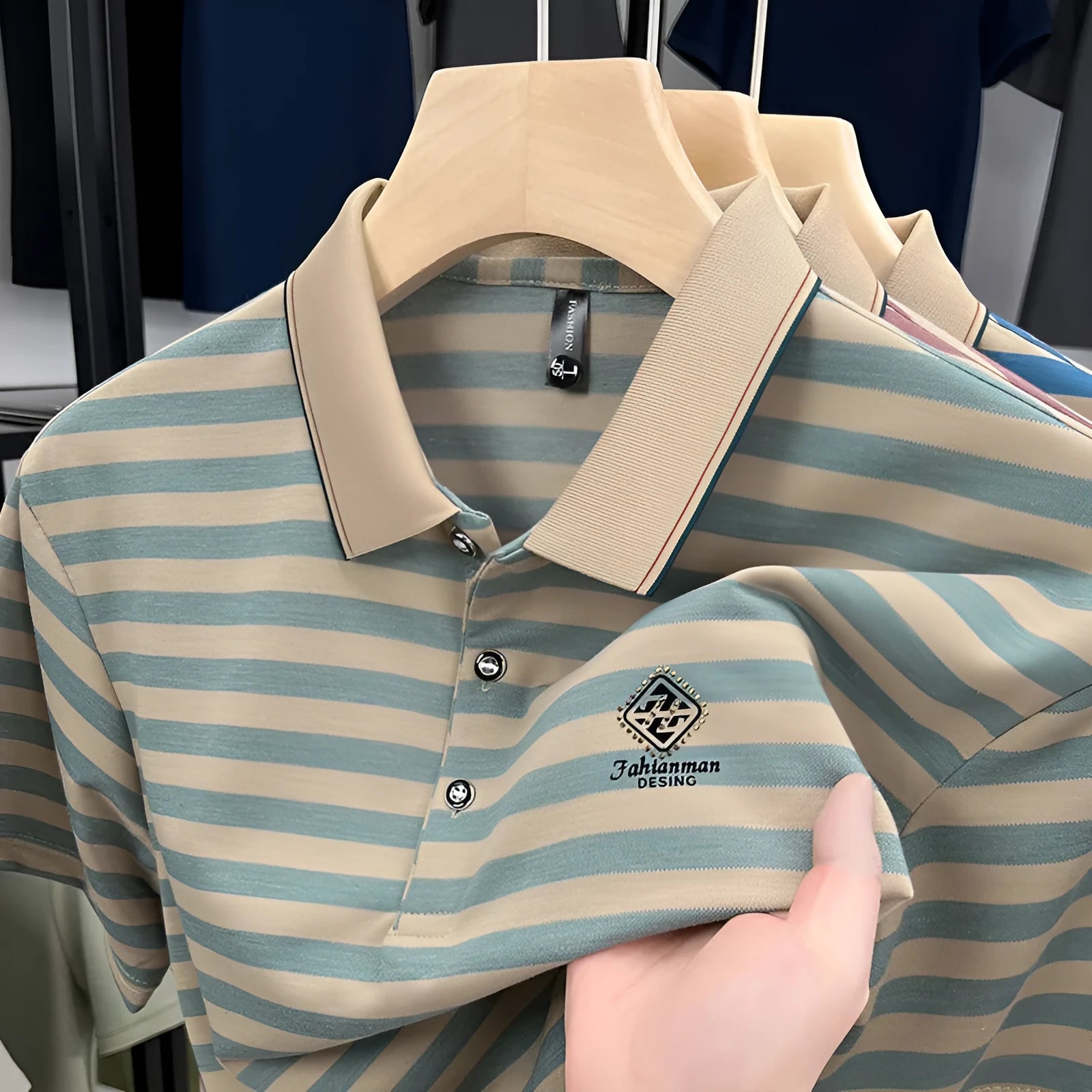 Men's striped short sleeve casual top in polyester with mosaic pattern, shown in blue colour.