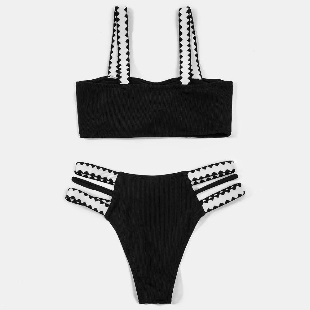 Women's black polyester hollowed-out split swimsuit for swimming and wading