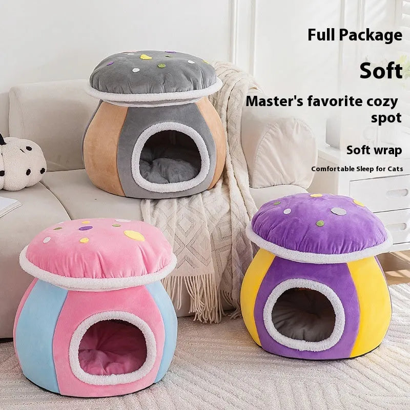 Grey mushroom-shaped plush cat bed with raised sides, showing a cosy nest for a cat.