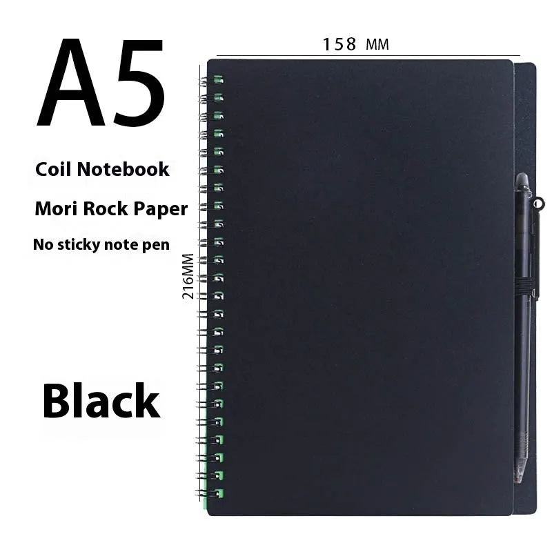 A5 coil-bound erasable notebook with waterproof stone paper in a customisable cover, shown with a pen.