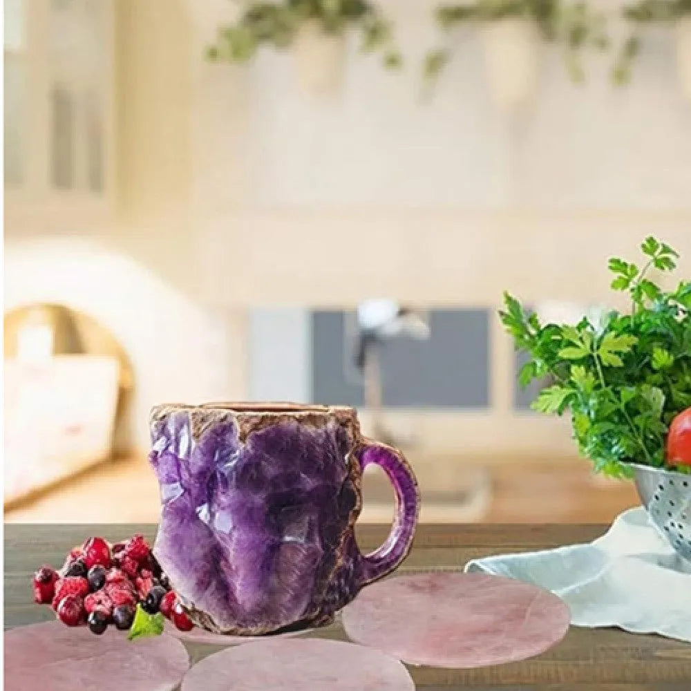 Purple resin coffee mug with 3D crystal texture and a handle on a wooden table.