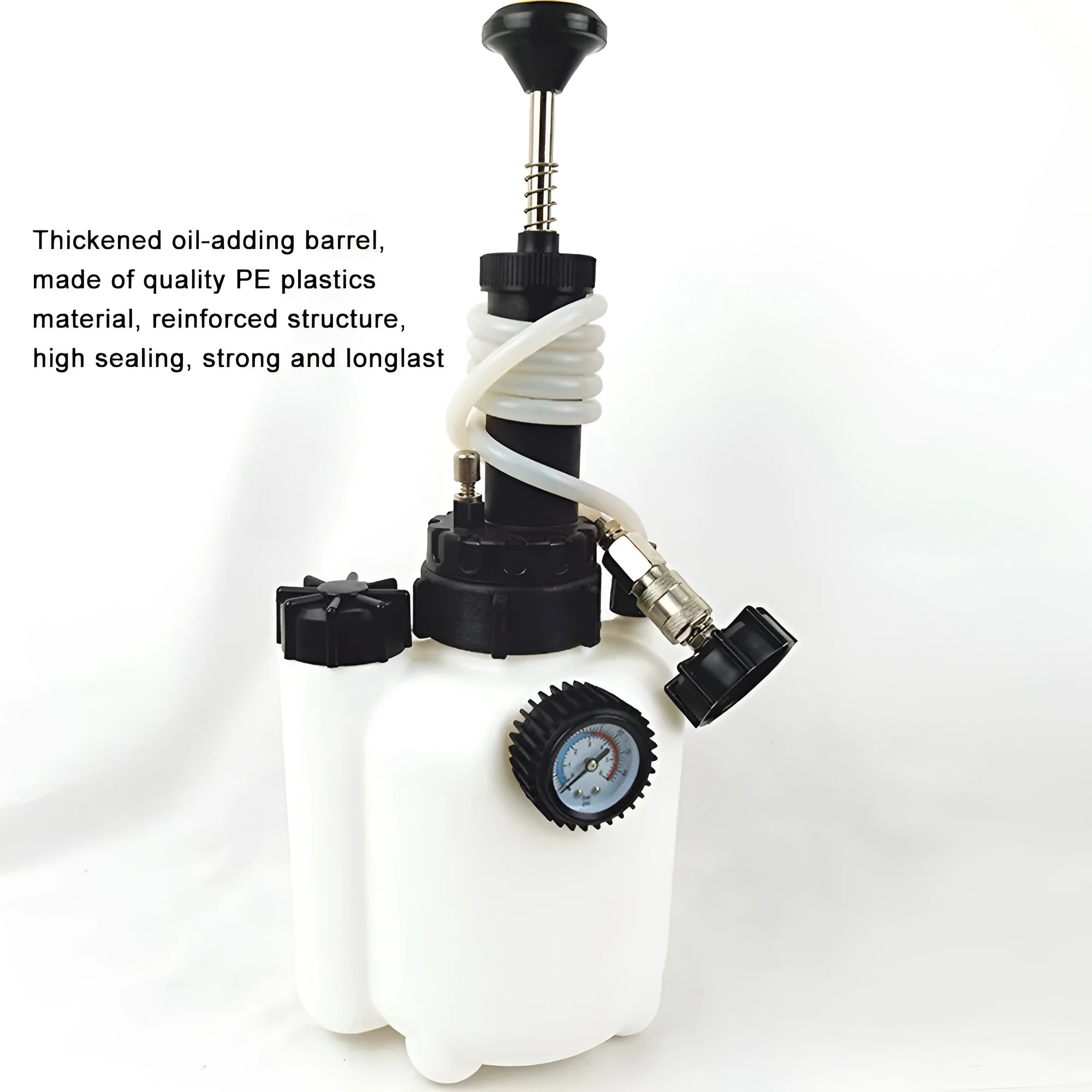 White 3-litre automotive brake fluid reservoir tool with copper and iron components