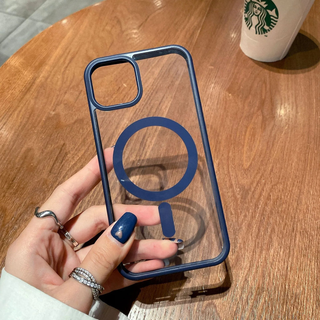 Transparent acrylic MagSafe phone case with TPU bumper for iPhone, showing back panel and edge protection.