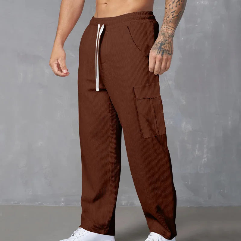 Men's straight-leg corduroy cargo trousers with wide-leg design and drawstring waist