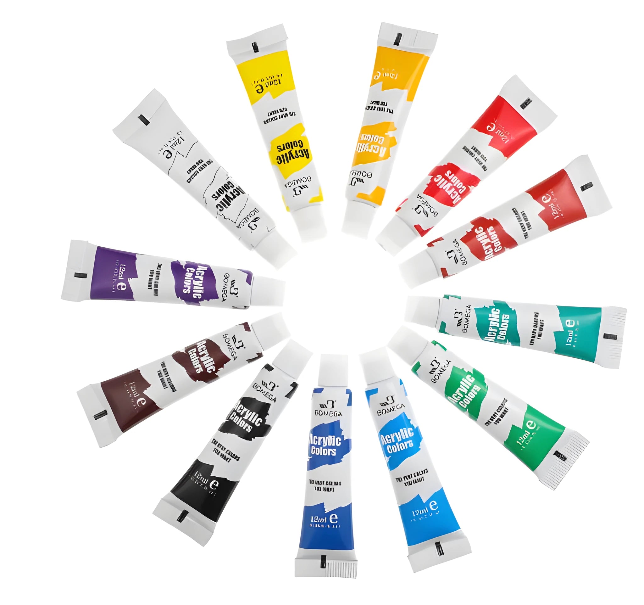 Artists' paint set with 12 colour tubes for acrylic, gouache, watercolour, oil, glass and textile painting.