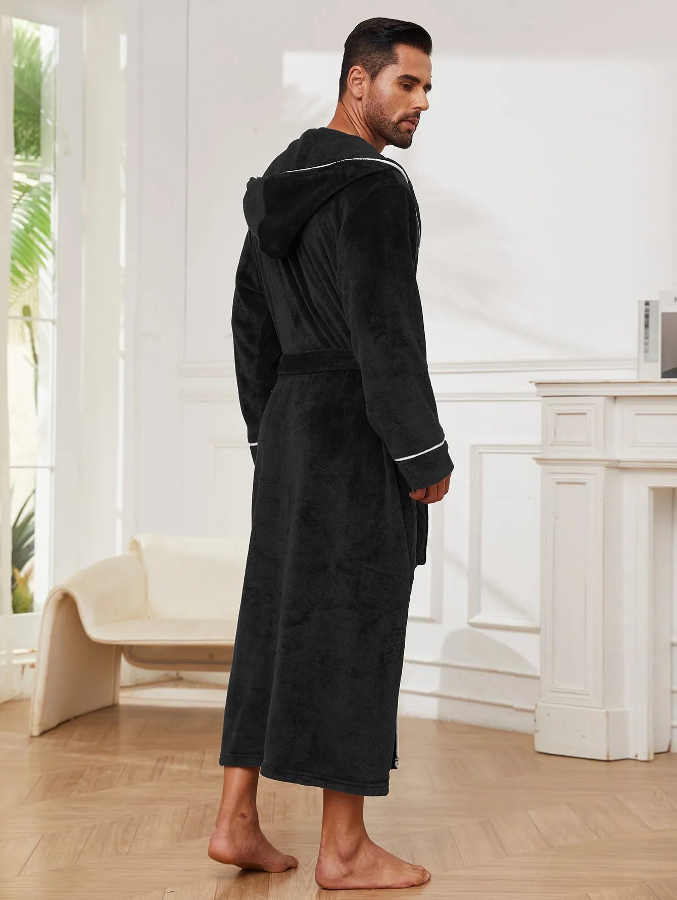 Fashion men's flannel bathrobe in light gray, unisex polyester fibre winter autumn robe