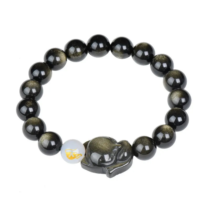 Natural obsidian bracelet zodiac guardian with 10mm beads in gold obsidian finish
