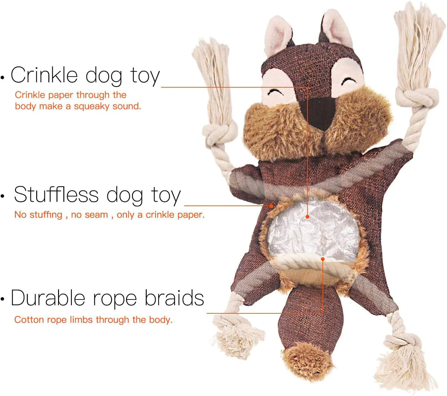 Brown plush fox dog toy with embroidered eyes, cotton rope limbs, and a squeaker in its head.