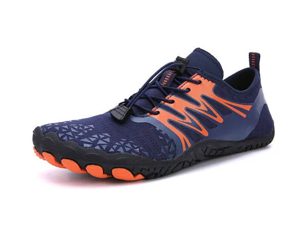 White and pink lace-up outdoor sports shoes with rubber soles on a plain background.