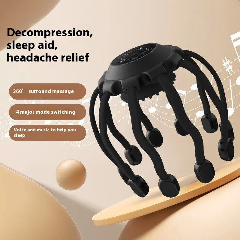 Black USB-powered electric head massager with multiple flexible claws on a white background.
