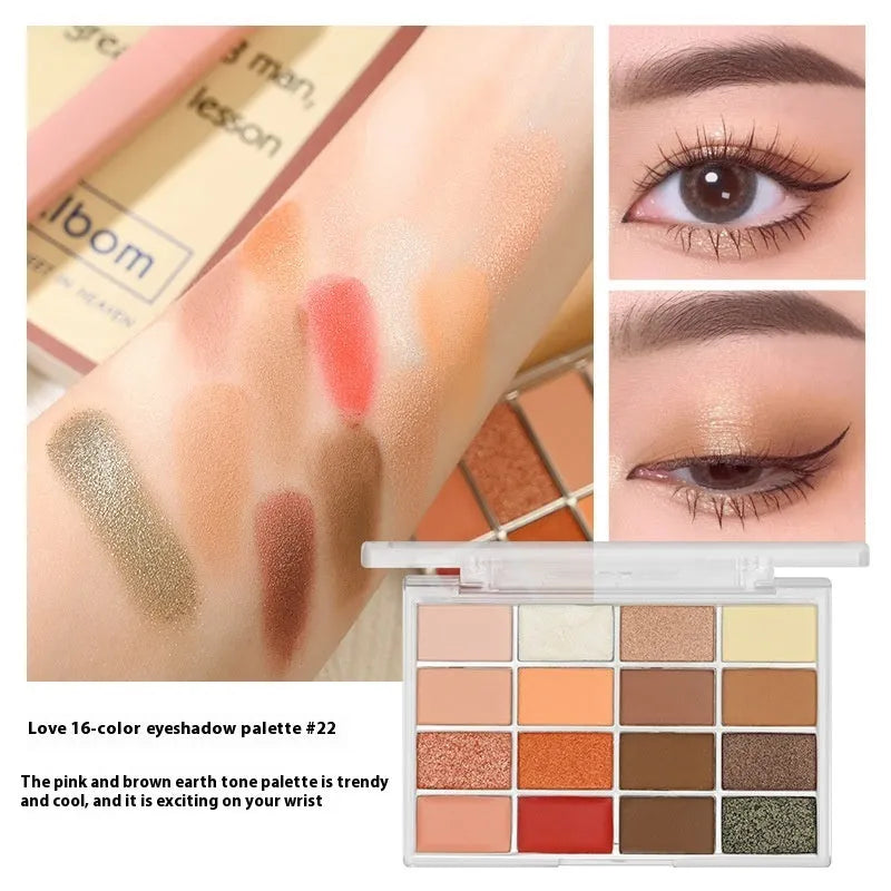 16 colour eyeshadow plate with shimmer and matte finishes in pink and brown shades