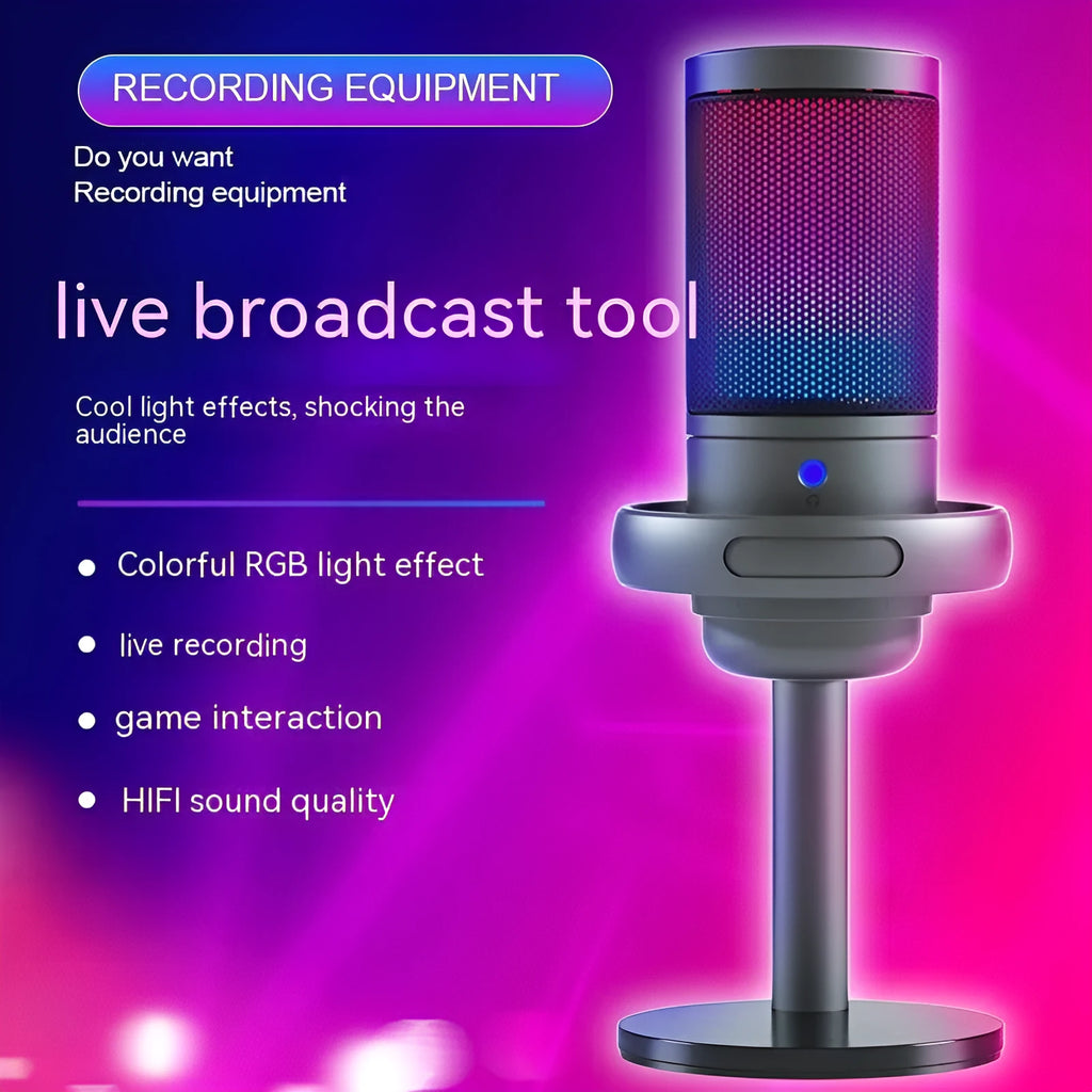 Wired condenser microphone body with RGB light available in black white and pink for live broadcast