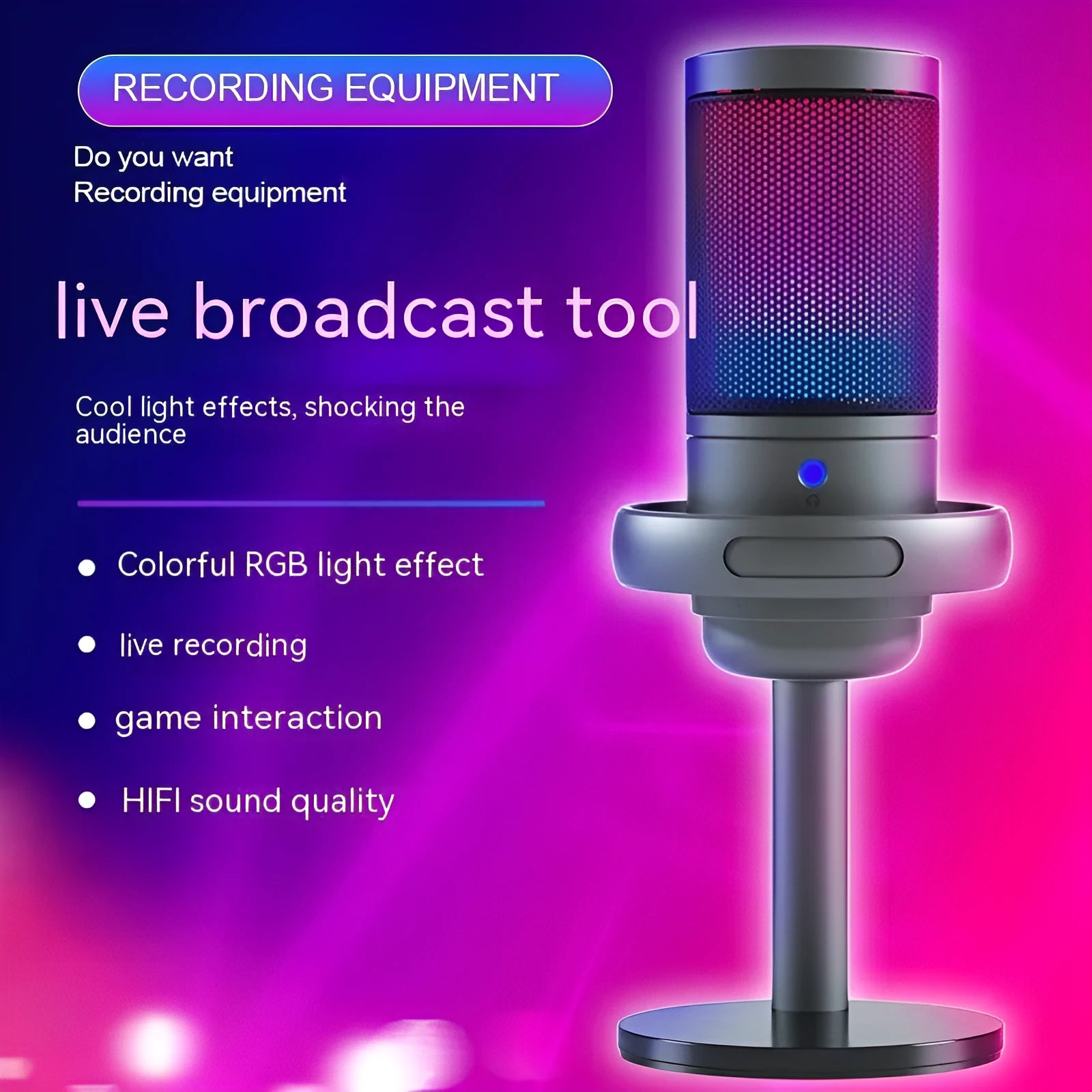 Wired condenser microphone body with RGB light available in black white and pink for live broadcast