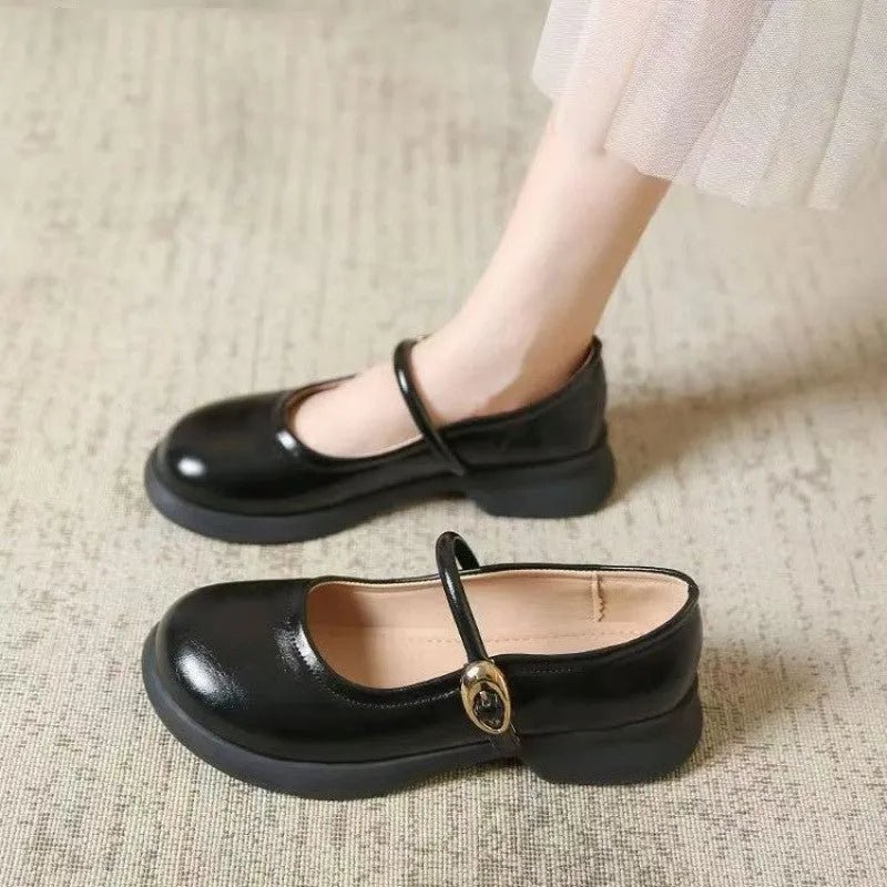 Flat Fairy Style leather shoes with wedge heel, round toe, and skull pattern in black