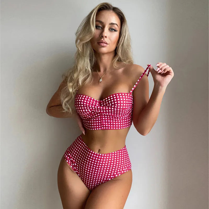 Women's high-waisted plaid bikini swimsuit with split sides in rose red, black, blue, and sky blue colours