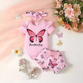 Baby girls summer two-piece set in peach with butterfly letter print short sleeve top and shorts on white background