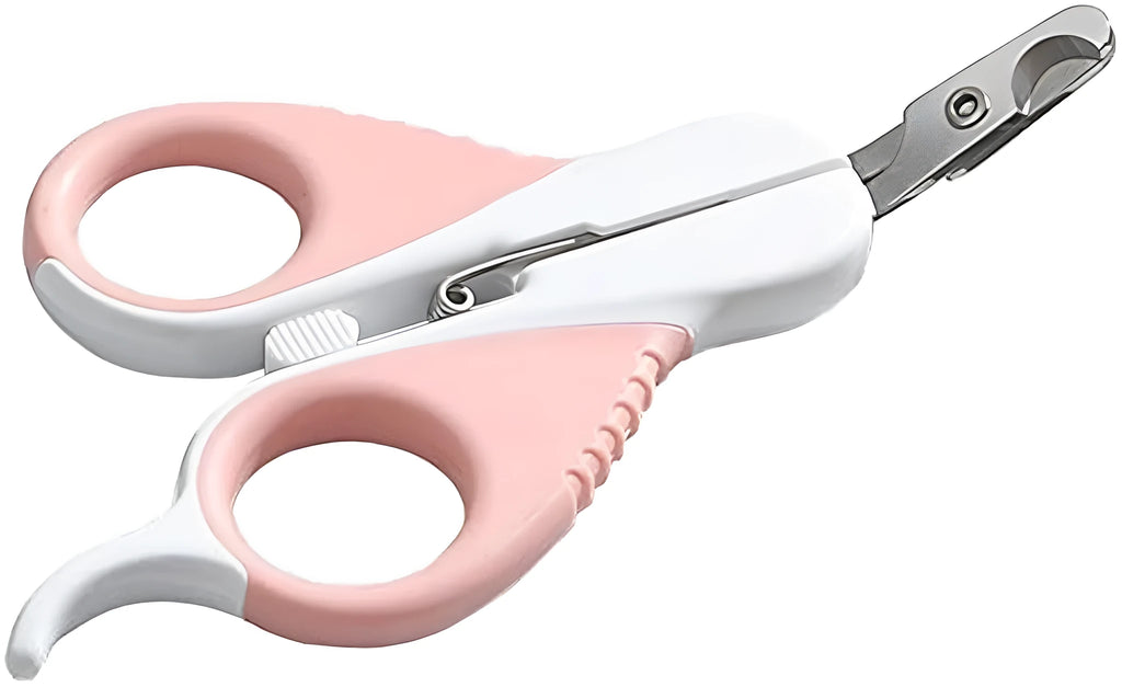 Grey and pink angled pet nail clippers with safety guard and rubber handle.