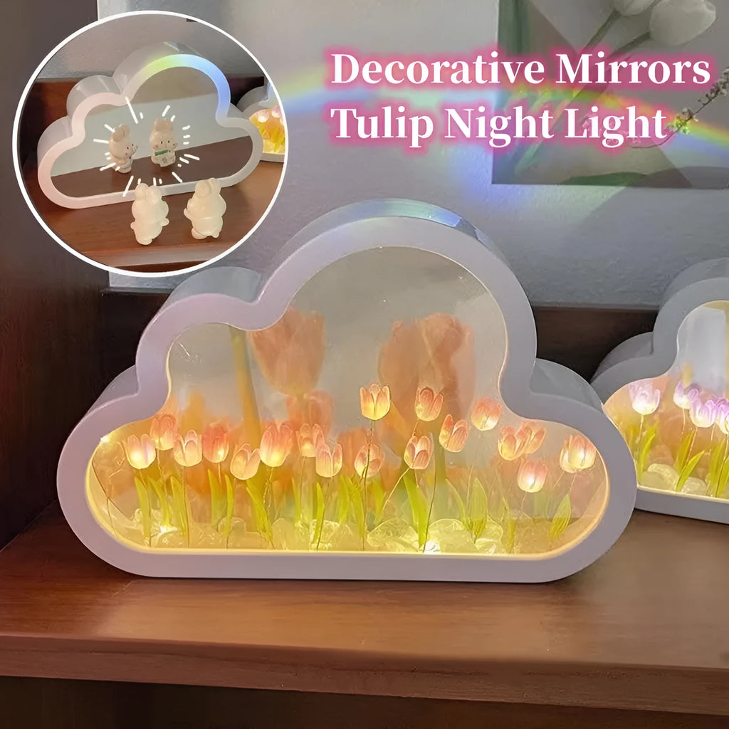 Tulip night lamp DIY kit with pink tulip LED light and mirror surface on a wooden desk